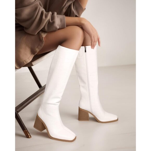 Women Crocodile White Polyurethane Knee High Square Toe Block Heel Tall Boots - Picture 7 of 9